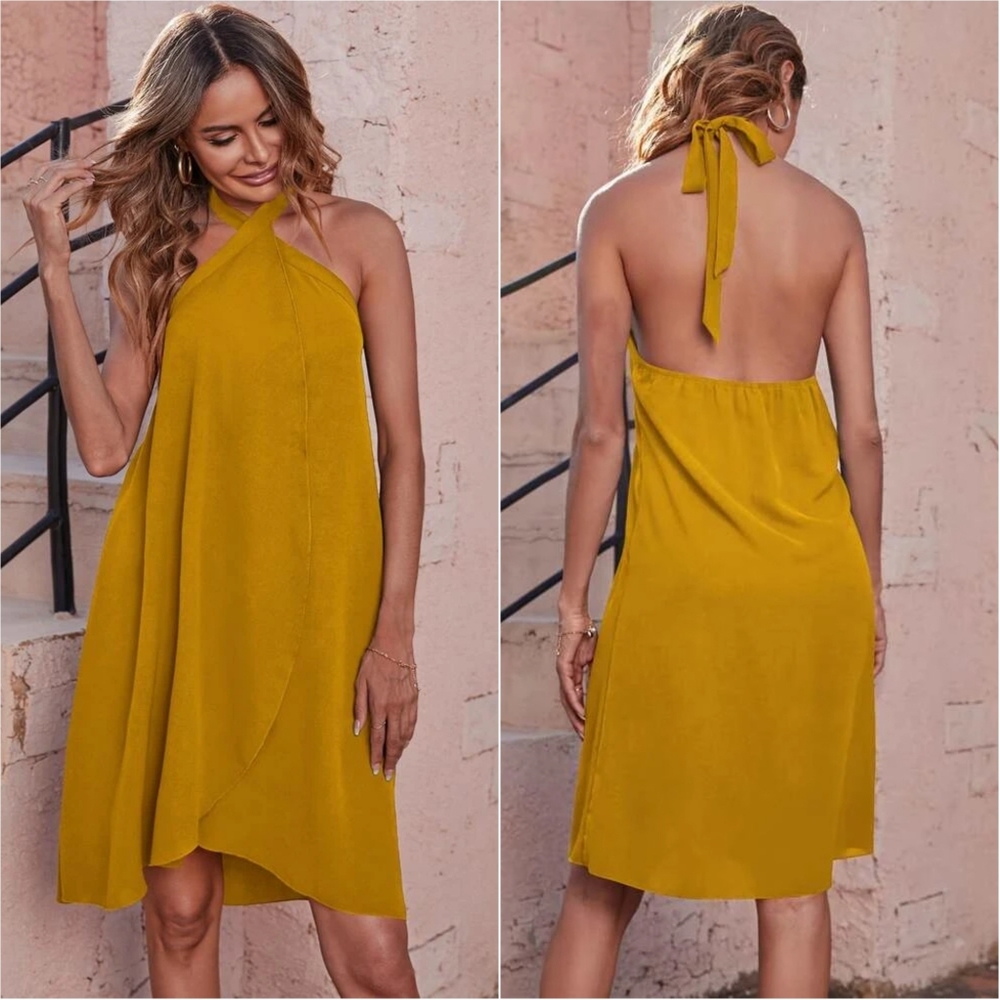 Golden Tie Backless Wrap Halter Dress